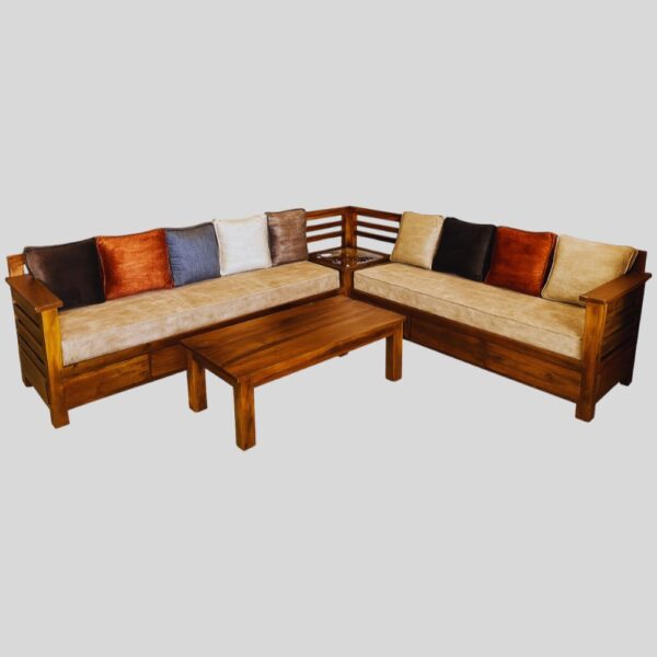 Teak Matt Finish "L" Design wooden Sofa