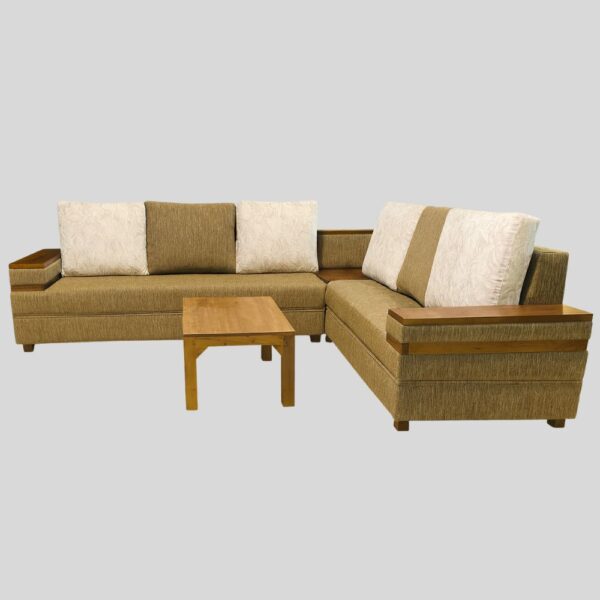 Teak Matt Finish "L" Design Wooden Sofa (10 Feet)